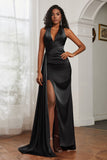 Halter Satin Sheath Sleeveless Long Formal Evening Dresses with Slit Prom Party Gowns