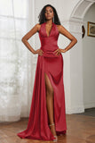 Halter Satin Sheath Sleeveless Long Formal Evening Dresses with Slit Prom Party Gowns