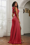 Halter Satin Sheath Sleeveless Long Formal Evening Dresses with Slit Prom Party Gowns
