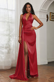 Halter Satin Sheath Sleeveless Long Formal Evening Dresses with Slit Prom Party Gowns
