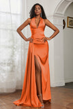 Halter Satin Sheath Sleeveless Long Formal Evening Dresses with Slit Prom Party Gowns