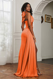 Halter Satin Sheath Sleeveless Long Formal Evening Dresses with Slit Prom Party Gowns