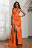 Halter Satin Sheath Sleeveless Long Formal Evening Dresses with Slit Prom Party Gowns