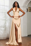 Halter Satin Sheath Sleeveless Long Formal Evening Dresses with Slit Prom Party Gowns