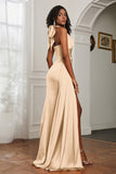 Halter Satin Sheath Sleeveless Long Formal Evening Dresses with Slit Prom Party Gowns