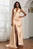 Halter Satin Sheath Sleeveless Long Formal Evening Dresses with Slit Prom Party Gowns