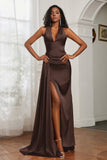 Halter Satin Sheath Sleeveless Long Formal Evening Dresses with Slit Prom Party Gowns