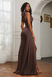 Halter Satin Sheath Sleeveless Long Formal Evening Dresses with Slit Prom Party Gowns