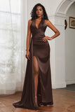 Halter Satin Sheath Sleeveless Long Formal Evening Dresses with Slit Prom Party Gowns
