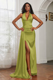 Halter Satin Sheath Sleeveless Long Formal Evening Dresses with Slit Prom Party Gowns