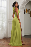 Halter Satin Sheath Sleeveless Long Formal Evening Dresses with Slit Prom Party Gowns