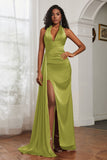 Halter Satin Sheath Sleeveless Long Formal Evening Dresses with Slit Prom Party Gowns