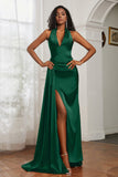 Halter Satin Sheath Sleeveless Long Formal Evening Dresses with Slit Prom Party Gowns