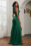 Halter Satin Sheath Sleeveless Long Formal Evening Dresses with Slit Prom Party Gowns