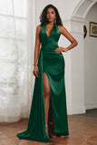 Halter Satin Sheath Sleeveless Long Formal Evening Dresses with Slit Prom Party Gowns