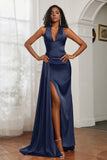 Halter Satin Sheath Sleeveless Long Formal Evening Dresses with Slit Prom Party Gowns