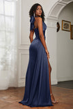 Halter Satin Sheath Sleeveless Long Formal Evening Dresses with Slit Prom Party Gowns