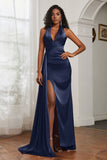 Halter Satin Sheath Sleeveless Long Formal Evening Dresses with Slit Prom Party Gowns