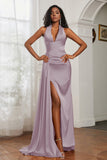 Halter Satin Sheath Sleeveless Long Formal Evening Dresses with Slit Prom Party Gowns