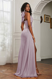 Halter Satin Sheath Sleeveless Long Formal Evening Dresses with Slit Prom Party Gowns