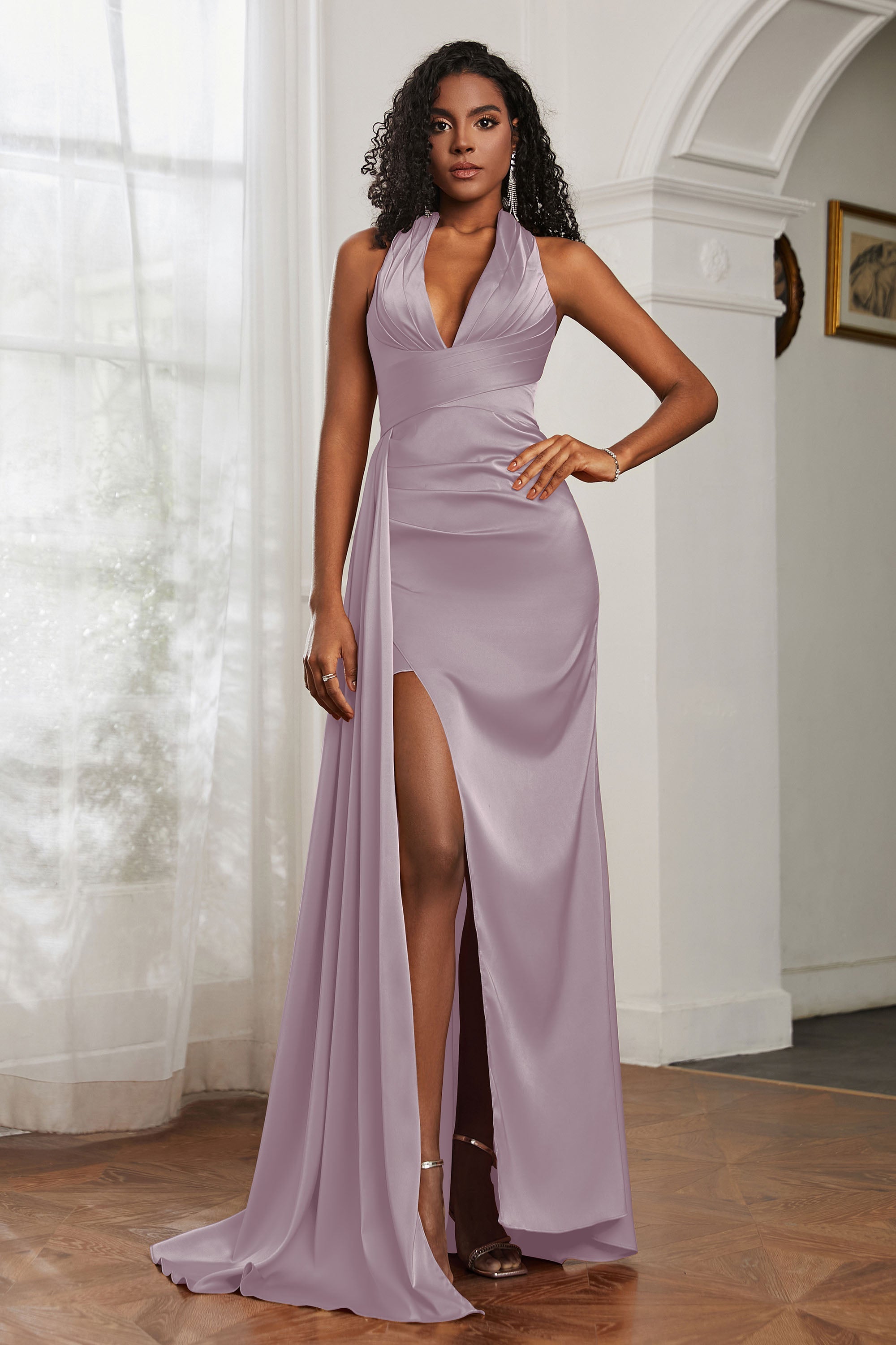 Halter Satin Sheath Sleeveless Long Formal Evening Dresses with Slit Prom Party Gowns