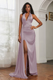 Halter Satin Sheath Sleeveless Long Formal Evening Dresses with Slit Prom Party Gowns