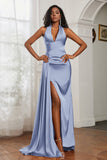 Halter Satin Sheath Sleeveless Long Formal Evening Dresses with Slit Prom Party Gowns