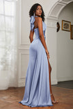 Halter Satin Sheath Sleeveless Long Formal Evening Dresses with Slit Prom Party Gowns
