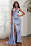 Halter Satin Sheath Sleeveless Long Formal Evening Dresses with Slit Prom Party Gowns