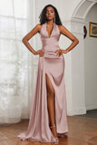 Halter Satin Sheath Sleeveless Long Formal Evening Dresses with Slit Prom Party Gowns