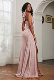 Halter Satin Sheath Sleeveless Long Formal Evening Dresses with Slit Prom Party Gowns