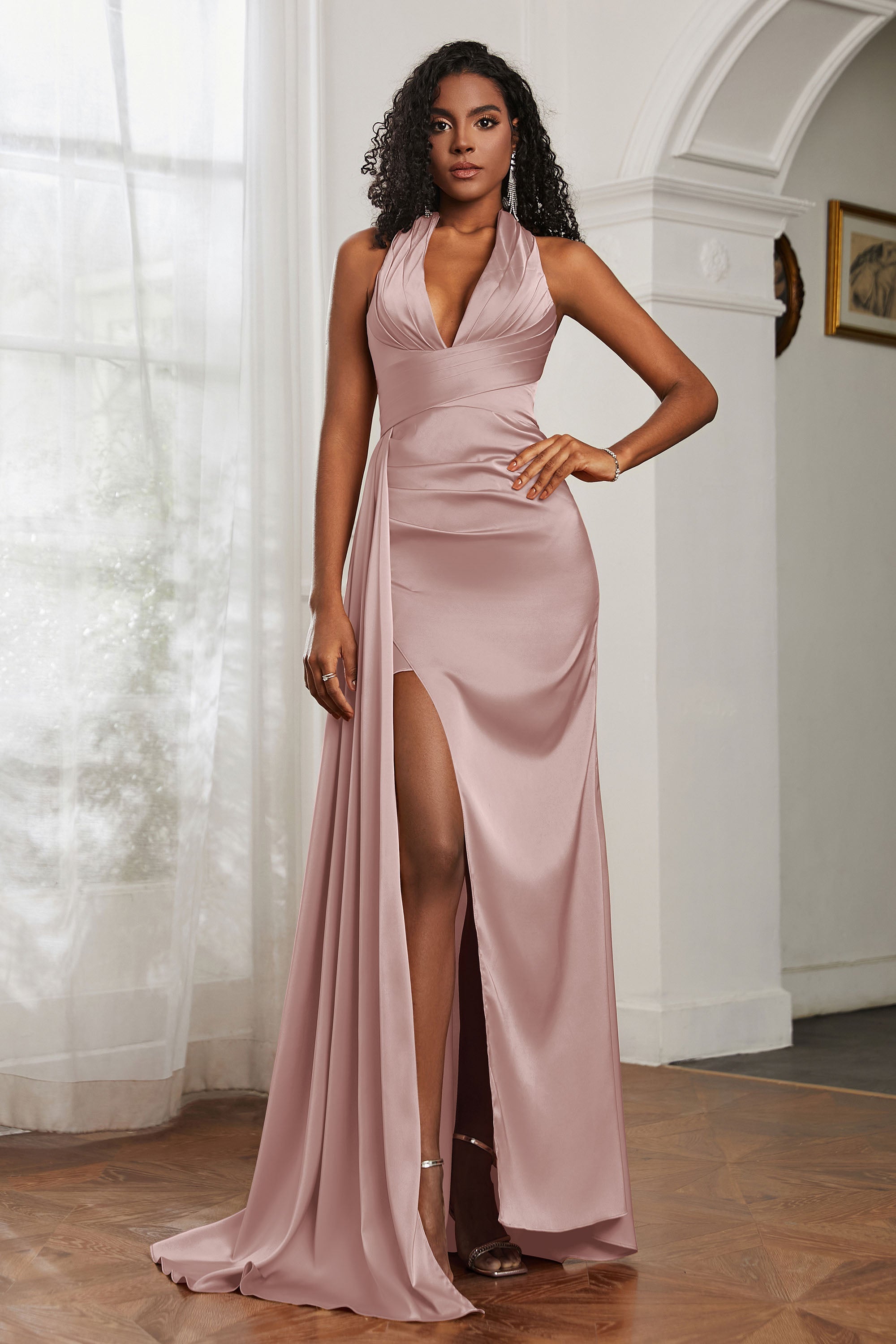 Halter Satin Sheath Sleeveless Long Formal Evening Dresses with Slit Prom Party Gowns