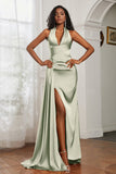 Halter Satin Sheath Sleeveless Long Formal Evening Dresses with Slit Prom Party Gowns