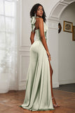 Halter Satin Sheath Sleeveless Long Formal Evening Dresses with Slit Prom Party Gowns