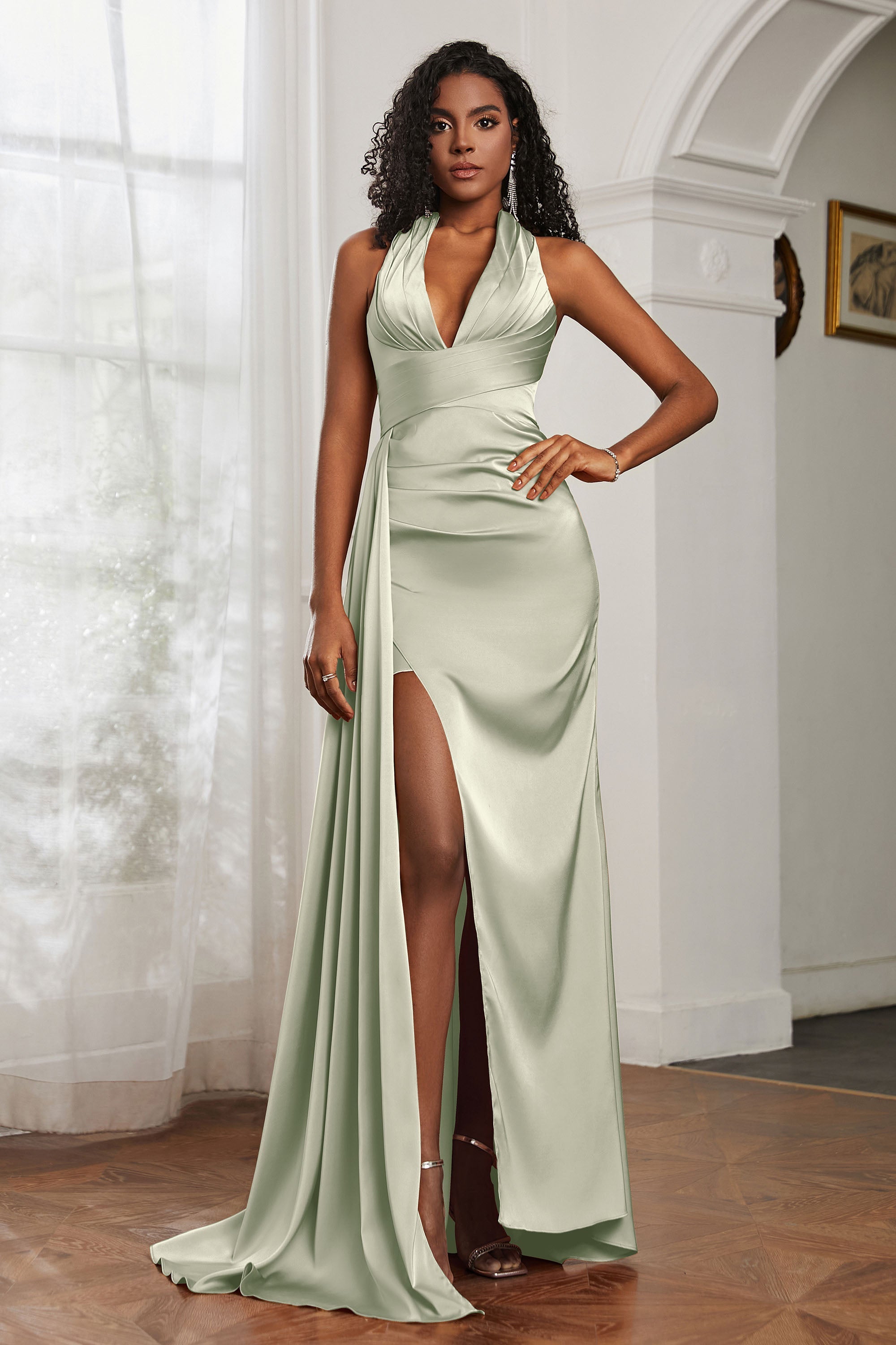 Halter Satin Sheath Sleeveless Long Formal Evening Dresses with Slit Prom Party Gowns