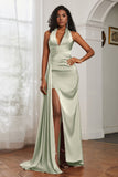 Halter Satin Sheath Sleeveless Long Formal Evening Dresses with Slit Prom Party Gowns