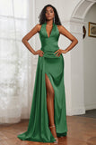 Halter Satin Sheath Sleeveless Long Formal Evening Dresses with Slit Prom Party Gowns