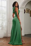 Halter Satin Sheath Sleeveless Long Formal Evening Dresses with Slit Prom Party Gowns