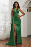 Halter Satin Sheath Sleeveless Long Formal Evening Dresses with Slit Prom Party Gowns