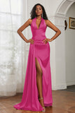 Halter Satin Sheath Sleeveless Long Formal Evening Dresses with Slit Prom Party Gowns