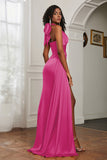 Halter Satin Sheath Sleeveless Long Formal Evening Dresses with Slit Prom Party Gowns