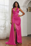 Halter Satin Sheath Sleeveless Long Formal Evening Dresses with Slit Prom Party Gowns