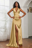 Halter Satin Sheath Sleeveless Long Formal Evening Dresses with Slit Prom Party Gowns