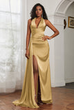 Halter Satin Sheath Sleeveless Long Formal Evening Dresses with Slit Prom Party Gowns