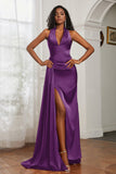 Halter Satin Sheath Sleeveless Long Formal Evening Dresses with Slit Prom Party Gowns
