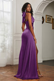 Halter Satin Sheath Sleeveless Long Formal Evening Dresses with Slit Prom Party Gowns