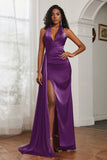 Halter Satin Sheath Sleeveless Long Formal Evening Dresses with Slit Prom Party Gowns