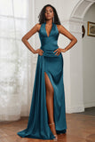 Halter Satin Sheath Sleeveless Long Formal Evening Dresses with Slit Prom Party Gowns