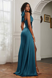 Halter Satin Sheath Sleeveless Long Formal Evening Dresses with Slit Prom Party Gowns