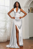 Halter Satin Sheath Sleeveless Long Formal Evening Dresses with Slit Prom Party Gowns